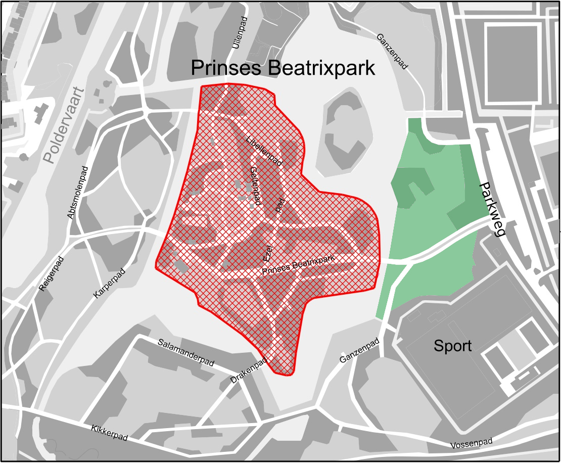 Kaartje Prinses Beatrixpark met gebied waar niet mag worden gebarbecued