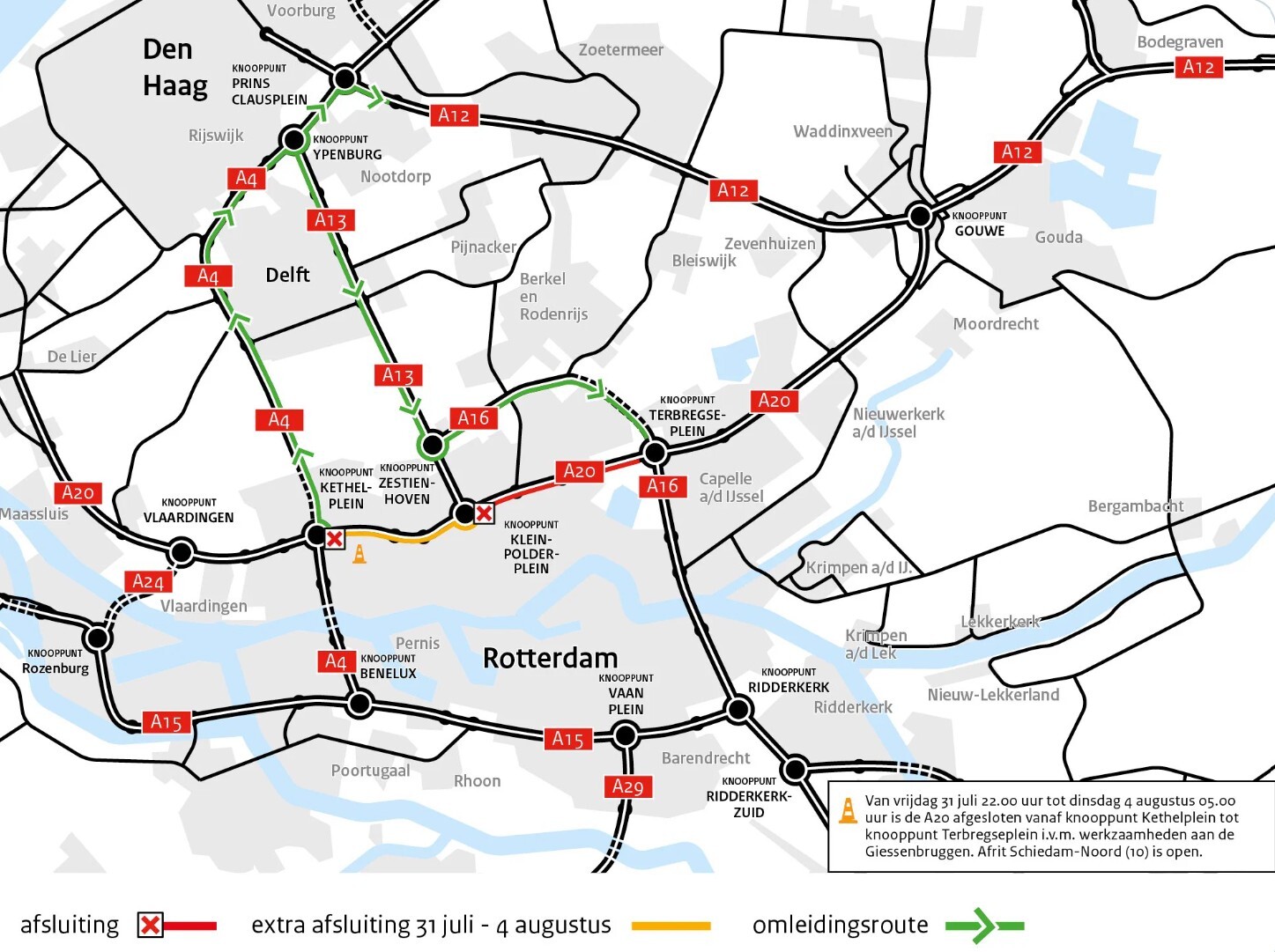 Wegwerkzaamheden A20 31 juli tot 4 augustus 2026